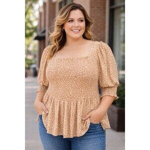 NINE WEST LEOPARD SMOCKED PEPLUM TOP PUFF SLEEVE WOMENS XXL GUC